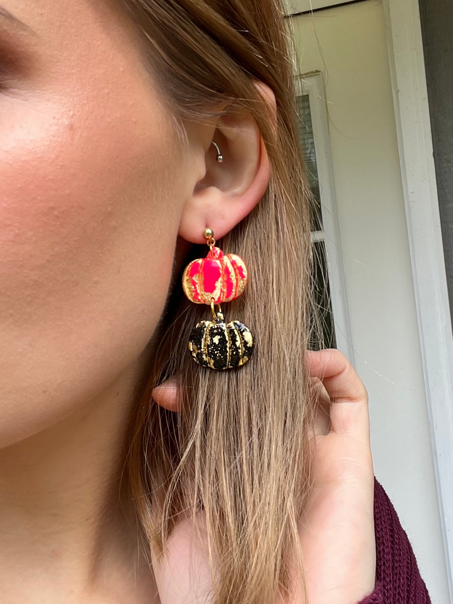 Stacked Pumpkin Earrings -Pink and Black
