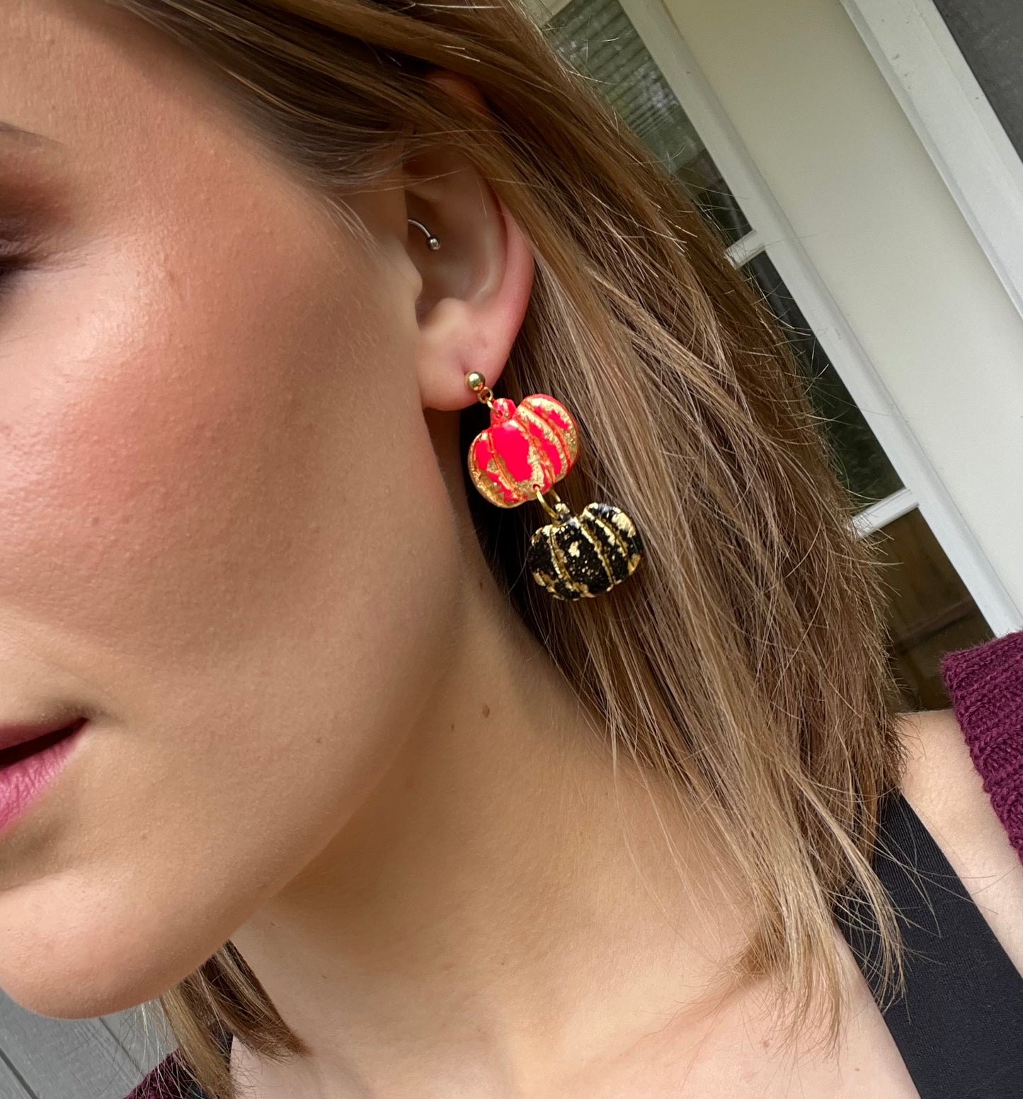Stacked Pumpkin Earrings -Pink and Black